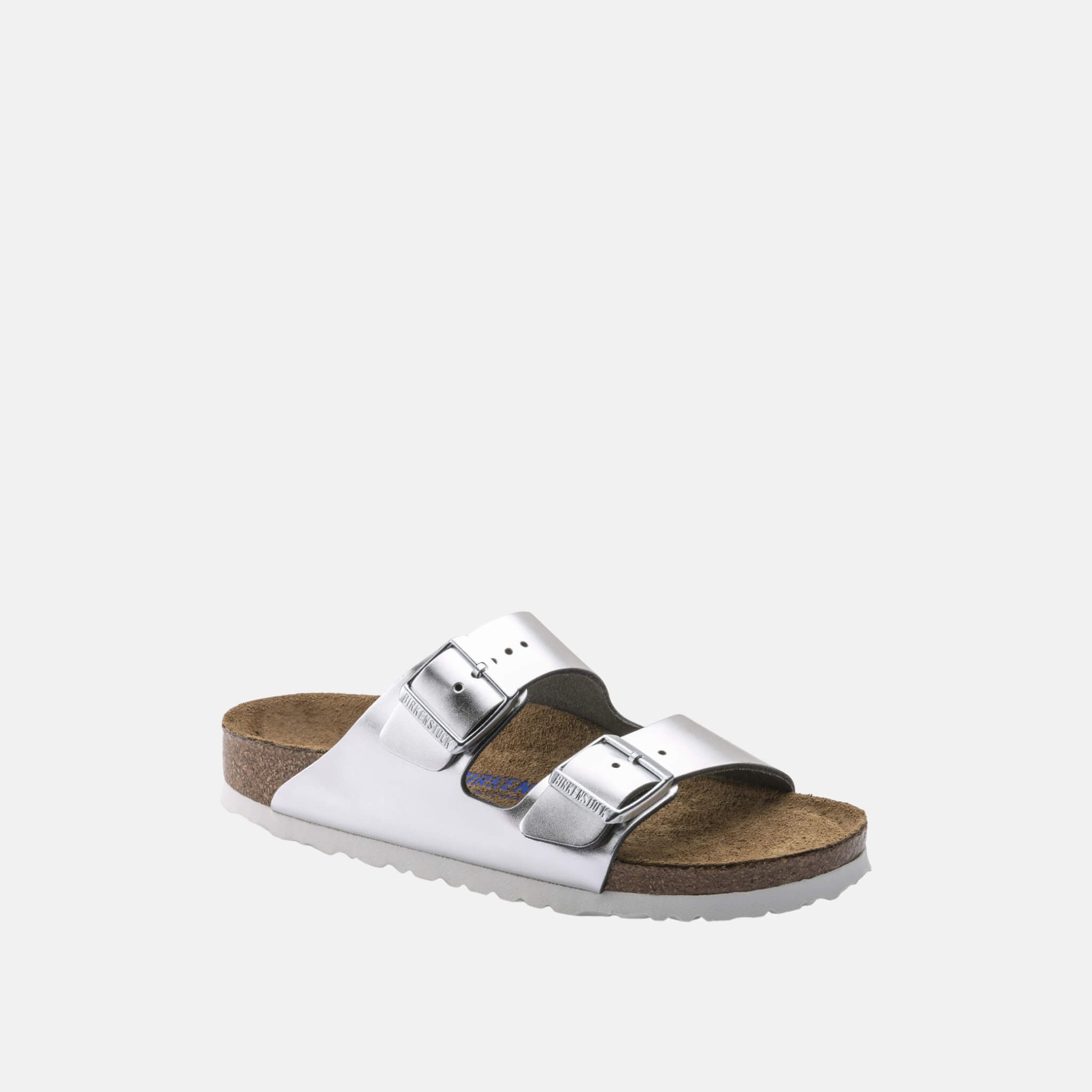 Strieborné Narrow šľapky Birkenstock Arizona Soft Footbed Natural Leather Metallic