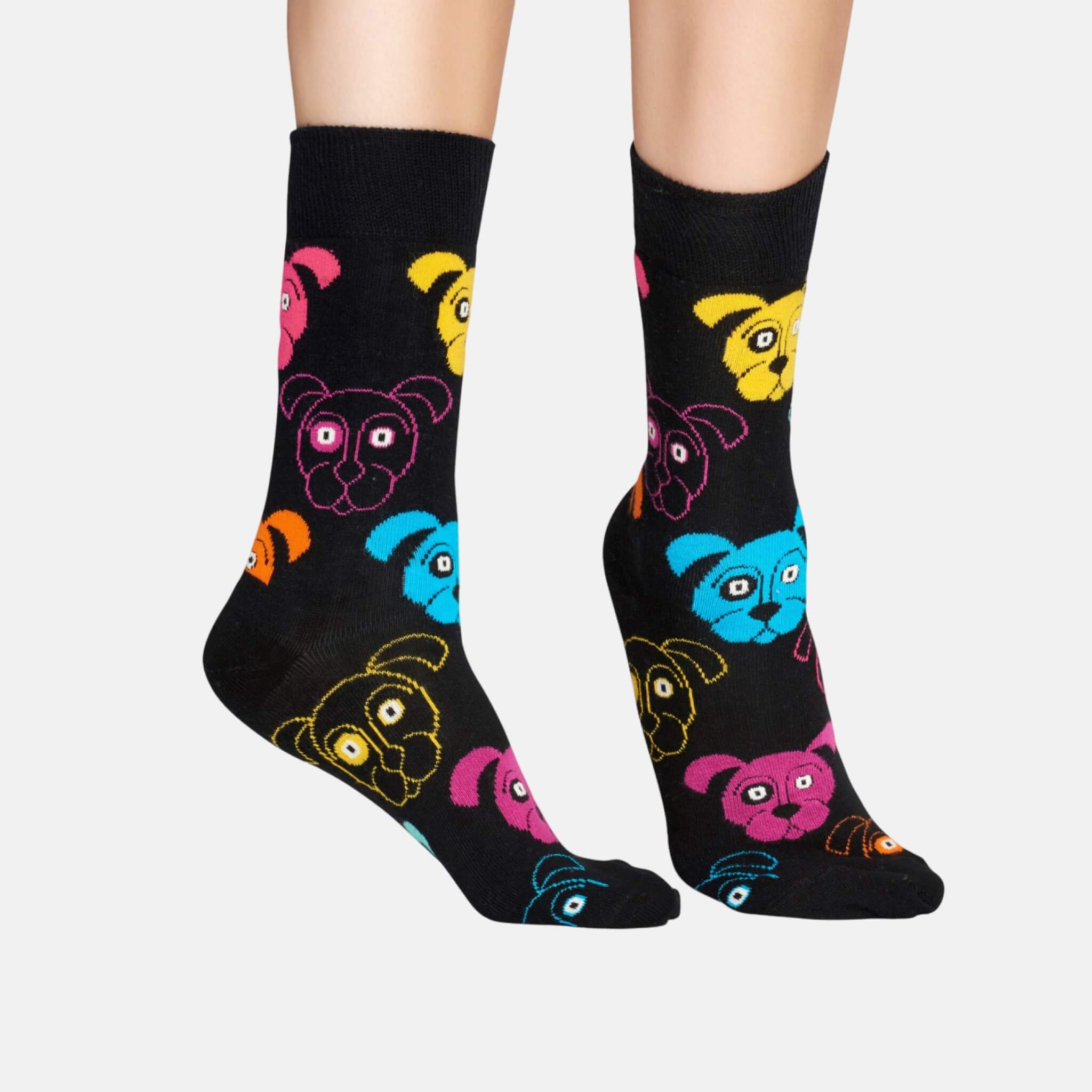 Čierne ponožky Happy Socks s farebnými psíkmi, vzor Animal