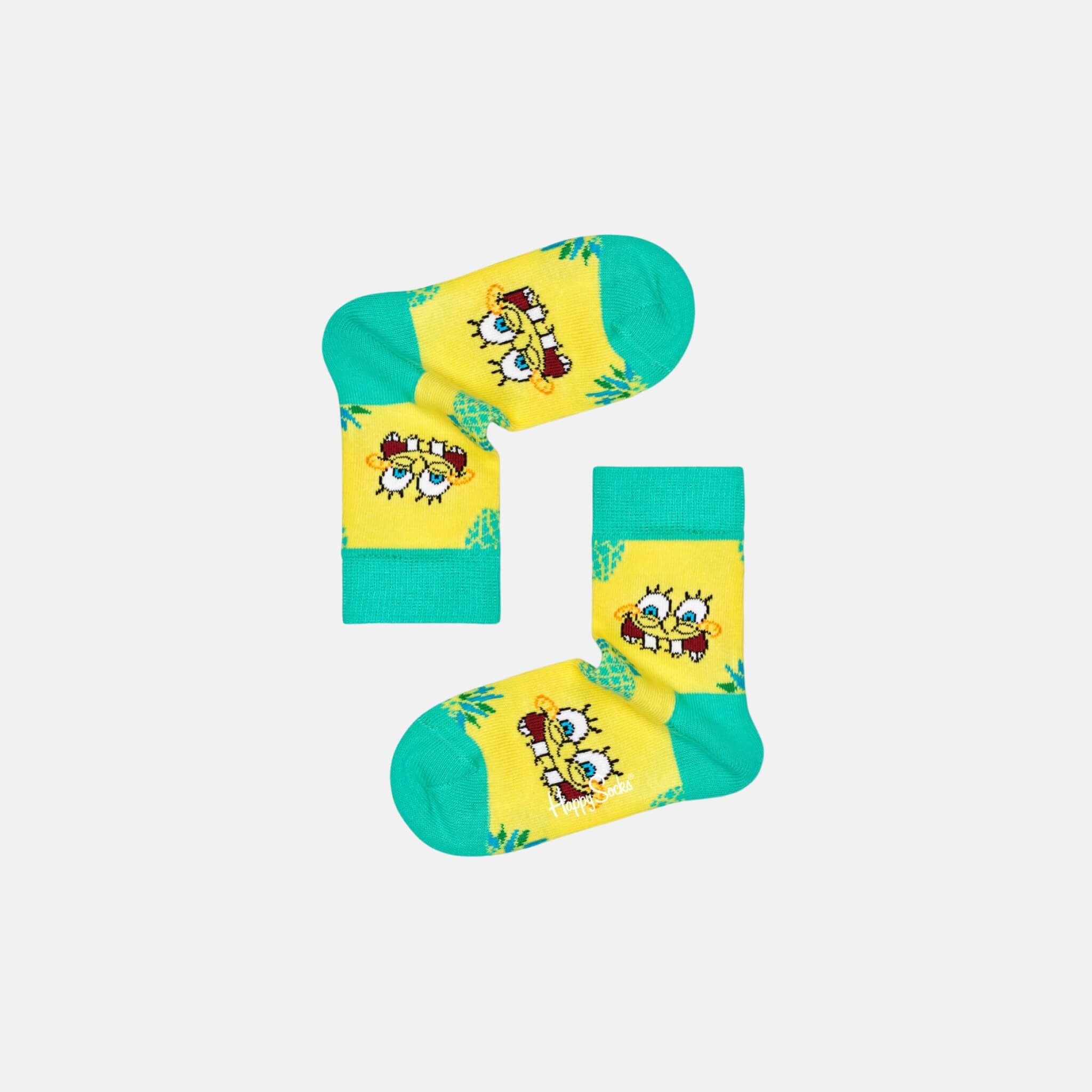 Detské žlto-zelené ponožky z kolekcie Happy Socks x Sponge Bob, vzor Fineapple Surprise