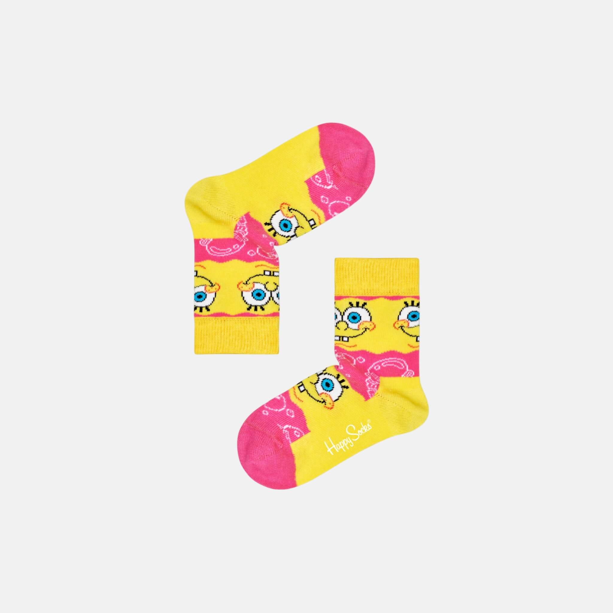 Detské žlto-ružové ponožky z kolekcie Happy Socks x Sponge Bob, vzor Say Cheese Burger