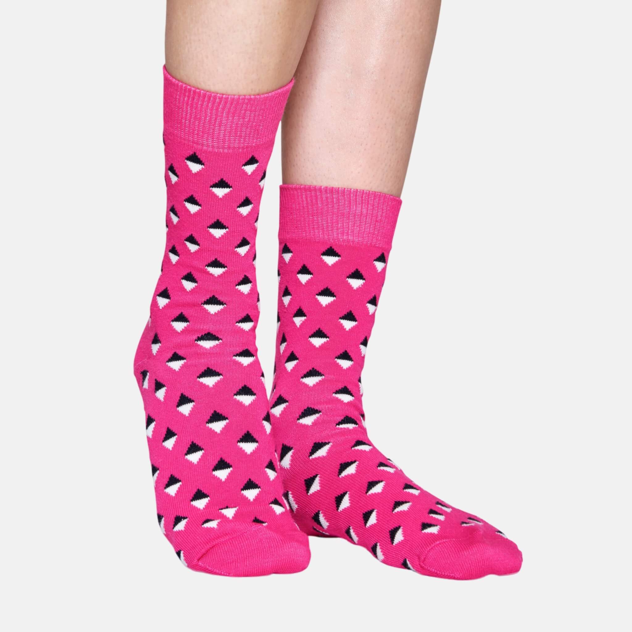 Ružove ponožky Happy Socks s farebnými kosoštvorčekami, vzor Mini Diamond