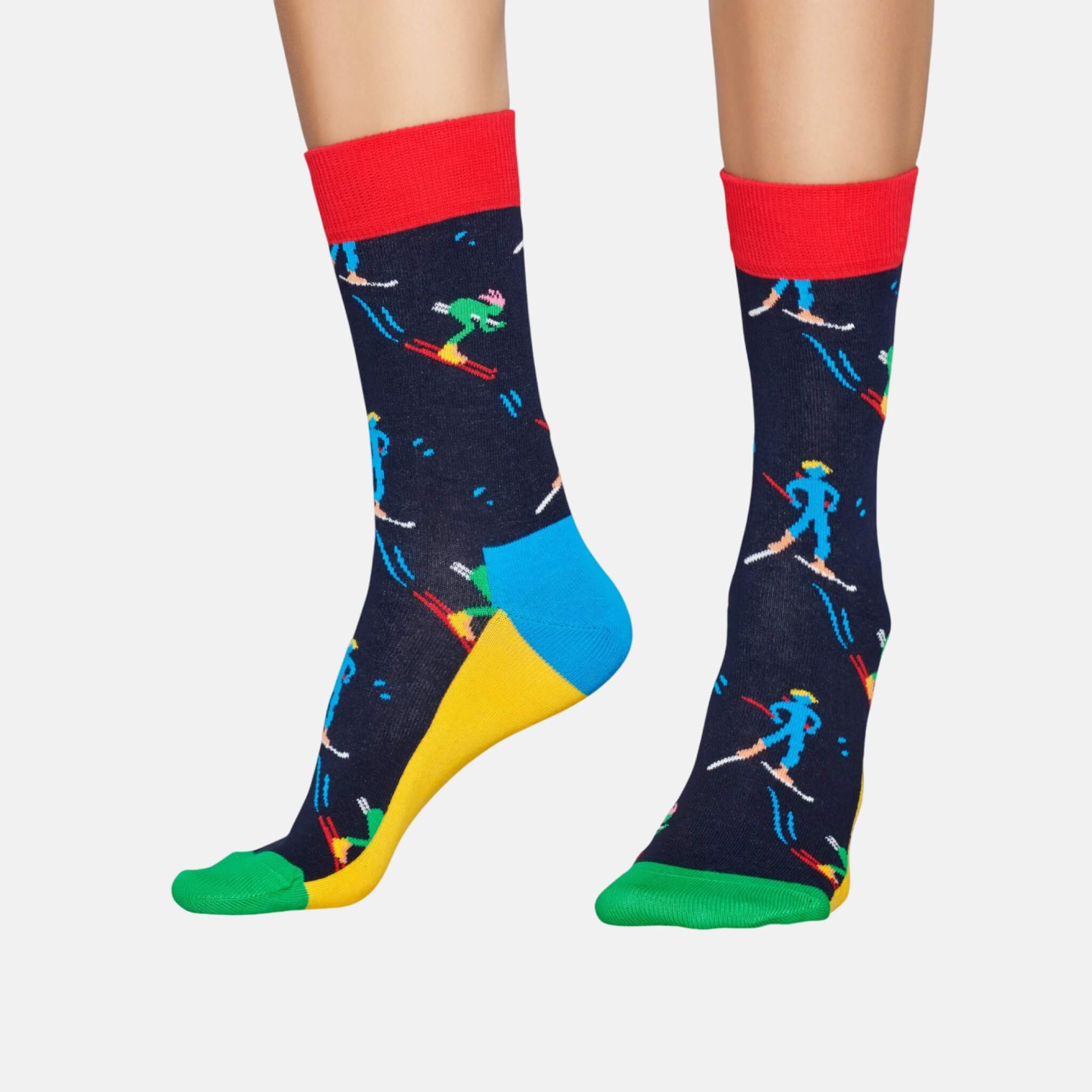 Modré ponožky Happy Socks s lyžiarmi, vzor Skiers