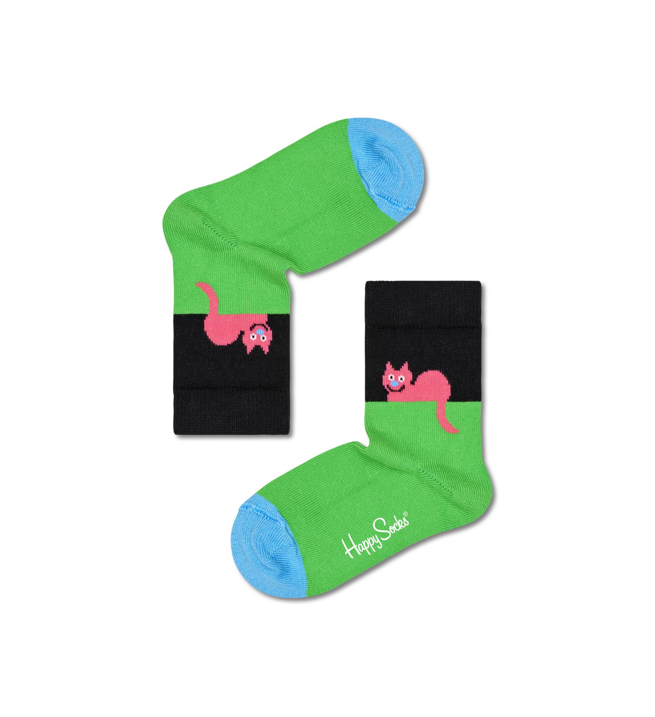Detské zeleno-čierne ponožky Happy Socks s mačkou, vzor Cat