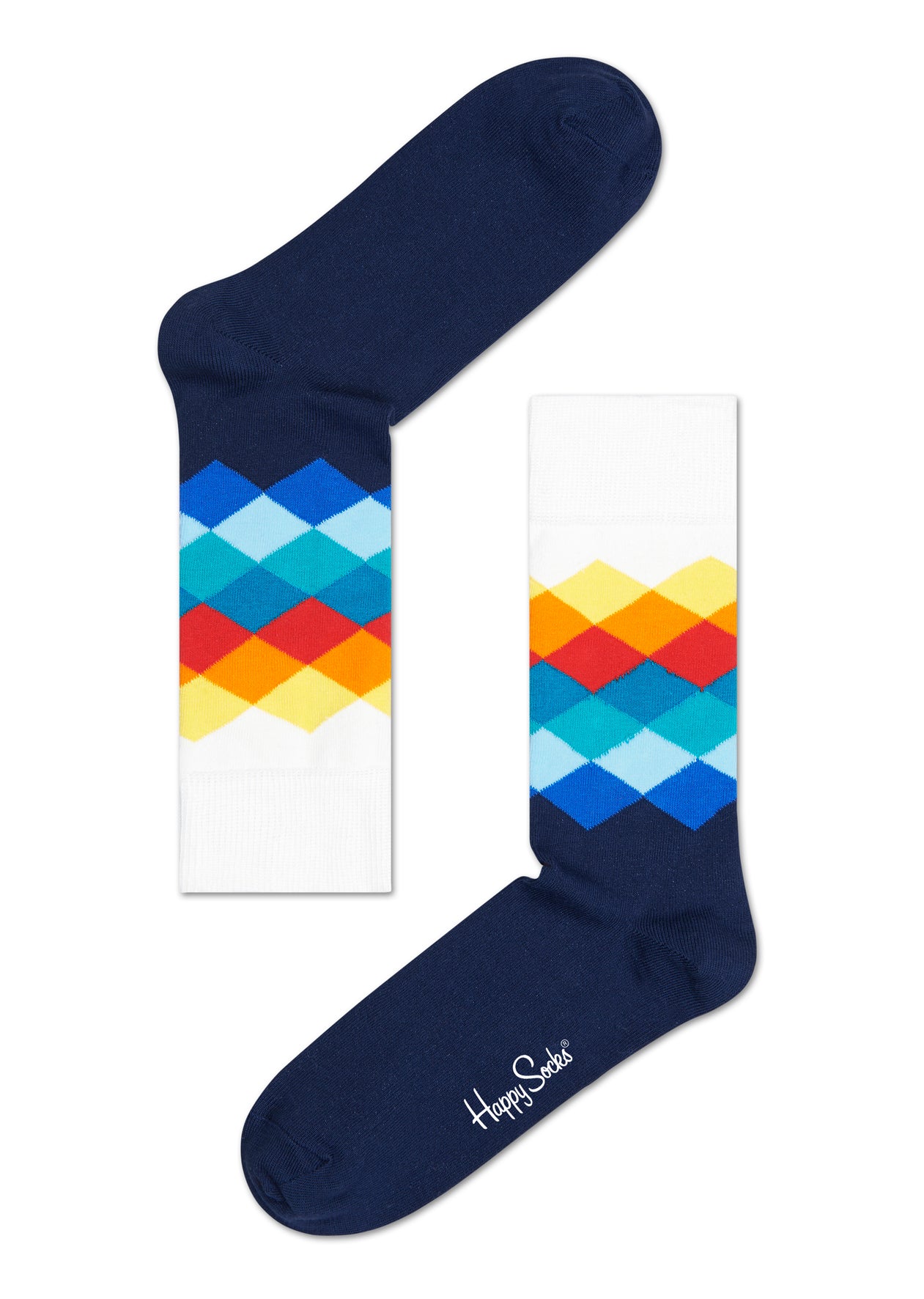 Modro-biele ponožky Happy Socks s farebnými kosoštvorcami, vzor Faded Diamond